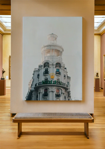 White Ornamental Building Cylindrical Tower Green Balconies Gran Via Madrid Architecture Painting