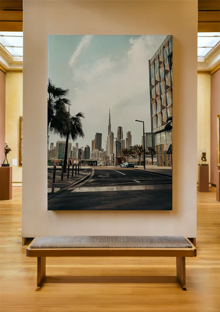 Dubai Skyline Burj Khalifa Palm Trees Empty Street Modern Architecture Painting