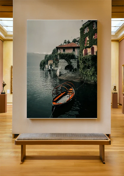 Orange Rowboat Lake Como Italian Villa Ivy Cloudy Sky Painting