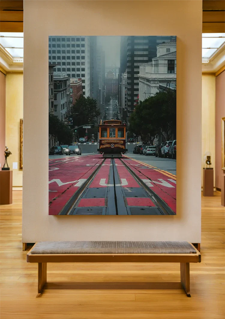 Gele Kabeltram San Francisco Mistige Straat Stadsgezicht Sfeervolle Fotografie Schilderij