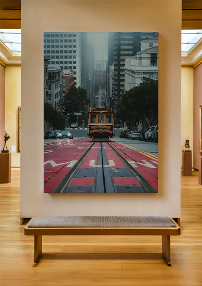 Gele Kabeltram San Francisco Mistige Straat Stadsgezicht Sfeervolle Fotografie Schilderij