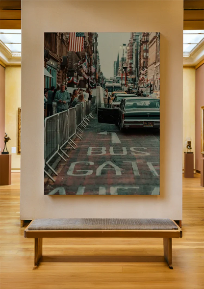Retro American Street Vintage Car Flag Busy City Nostalgic Painting