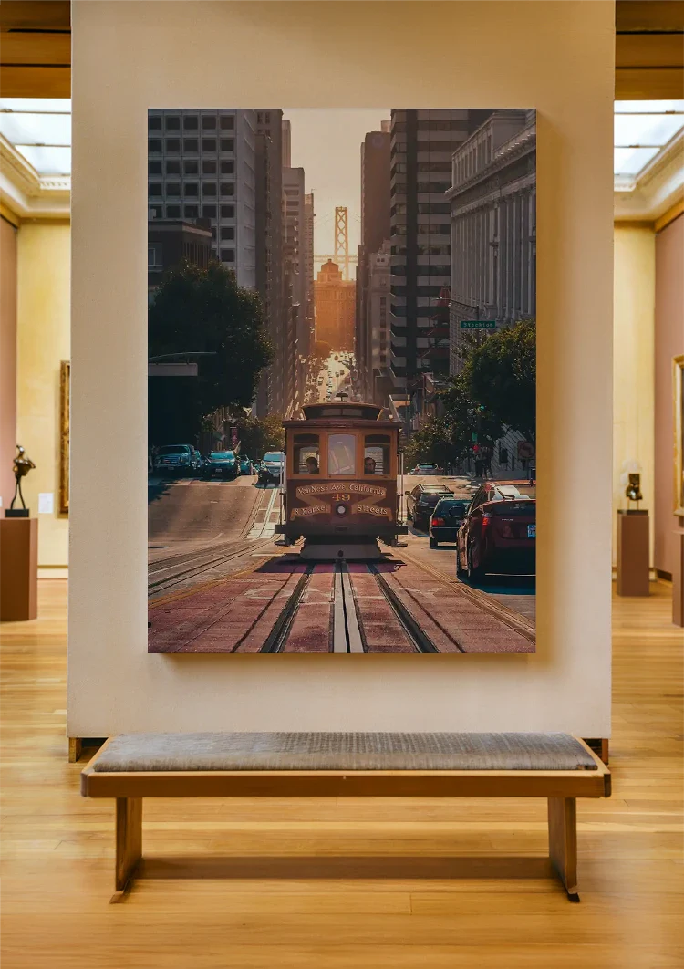 Kabeltram San Francisco Steil Straatcanyon Gouden Avondlicht Stadsgezicht Schilderij