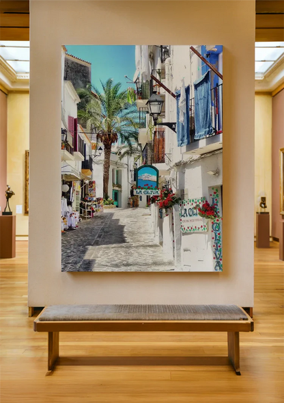 Mediterranean Alley White Facades Blue Shutters Palm Tree Sunny Painting