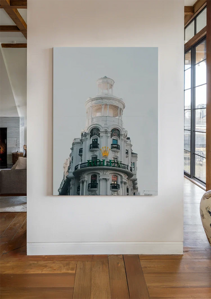 White Ornamental Building Cylindrical Tower Green Balconies Gran Via Madrid Architecture Painting