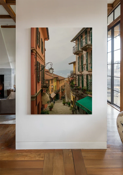 Narrow Italian Street Lake Como Colorful Buildings Balconies Lanterns Painting