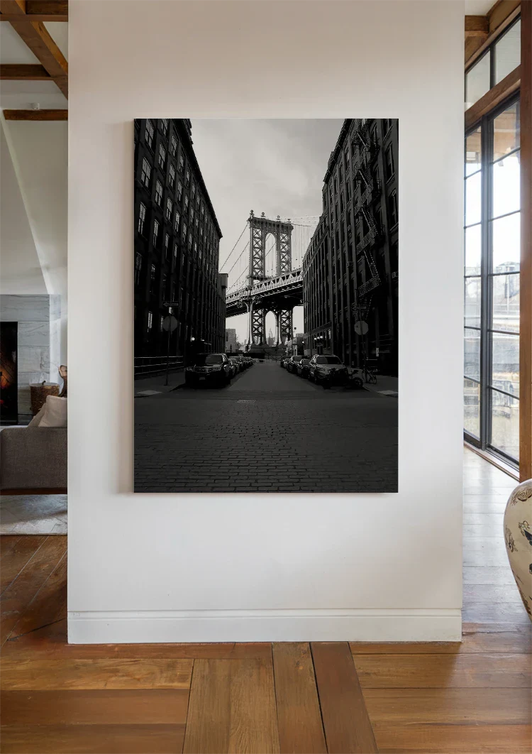 Manhattan Bridge Zwart Wit New York Straat DUMBO Brooklyn Architectuur Schilderij
