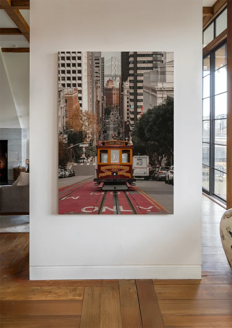 San Francisco Kabeltram Steile Straat Herfst Stadsgezicht Stedelijk Canvas Schilderij