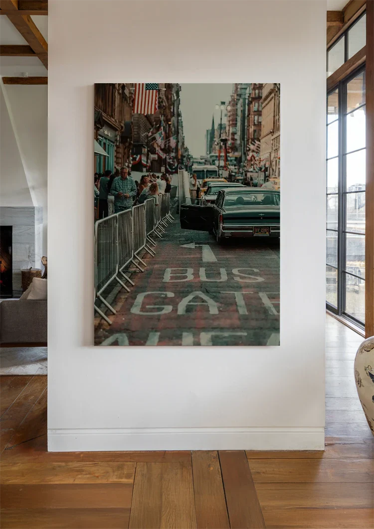 Retro American Street Vintage Car Flag Busy City Nostalgic Painting