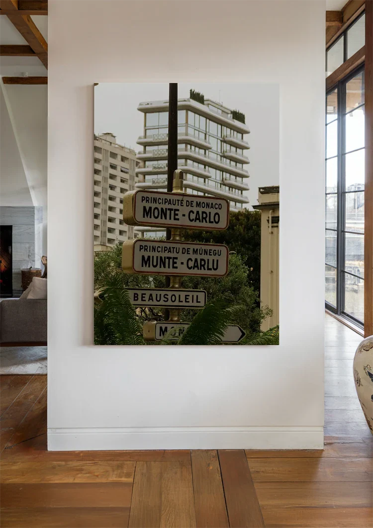 Monte Carlo Monaco Straatnaamborden Palmbomen Kustgebouwen Schilderij