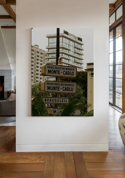 Monte Carlo Monaco Straatnaamborden Palmbomen Kustgebouwen Schilderij