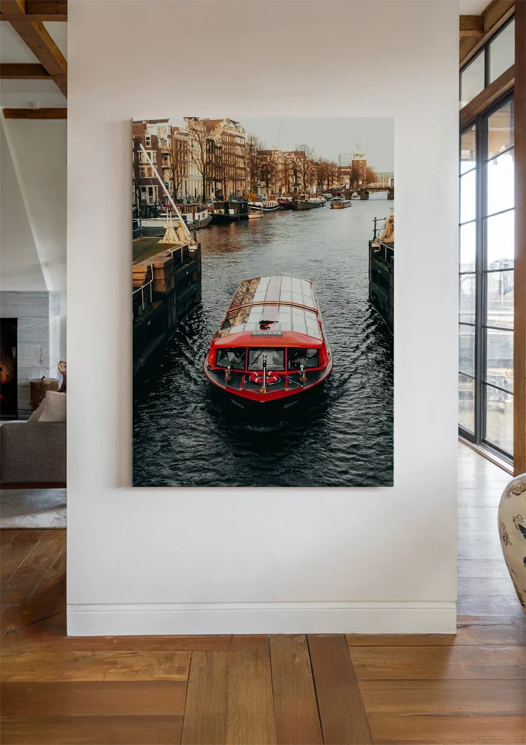 Amsterdamer Grachtenboot Rotes Glasdach Historische Gebäude Gemälde