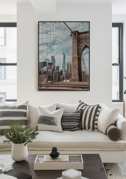 New York Skyline through Brooklyn Bridge Cables Cityscape Painting