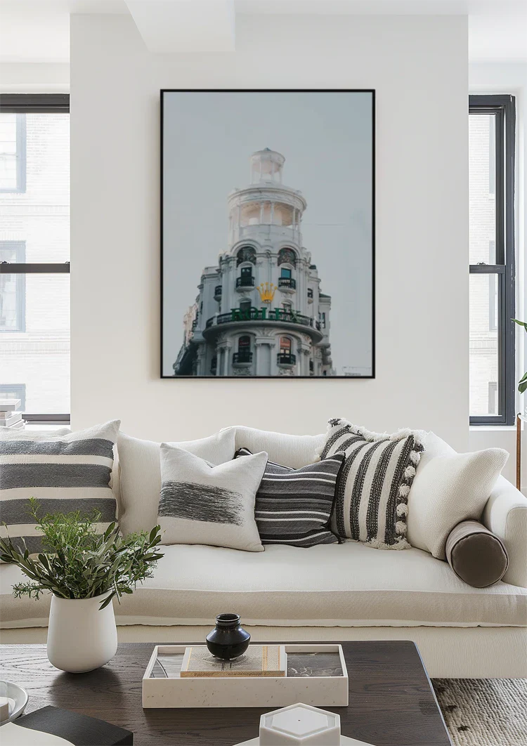 White Ornamental Building Cylindrical Tower Green Balconies Gran Via Madrid Architecture Painting