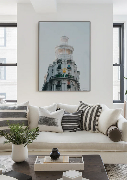 White Ornamental Building Cylindrical Tower Green Balconies Gran Via Madrid Architecture Painting