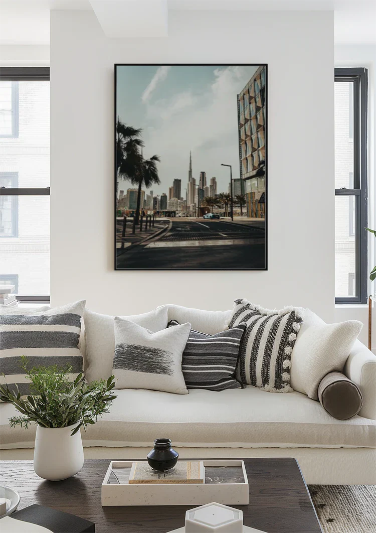 Dubai Skyline Burj Khalifa Palm Trees Empty Street Modern Architecture Painting