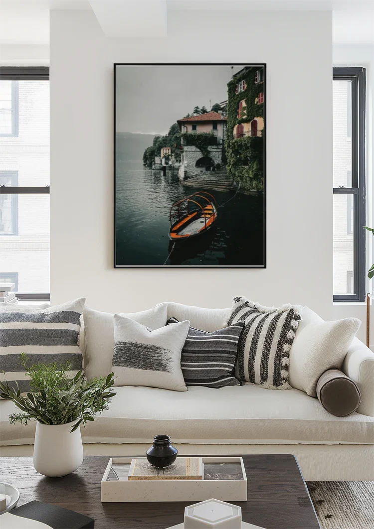 Orange Rowboat Lake Como Italian Villa Ivy Cloudy Sky Painting