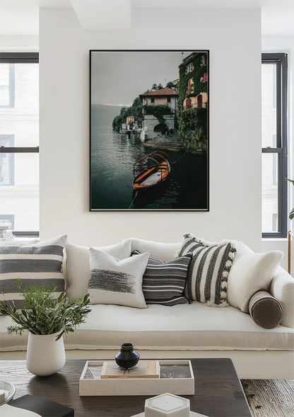 Orange Rowboat Lake Como Italian Villa Ivy Cloudy Sky Painting