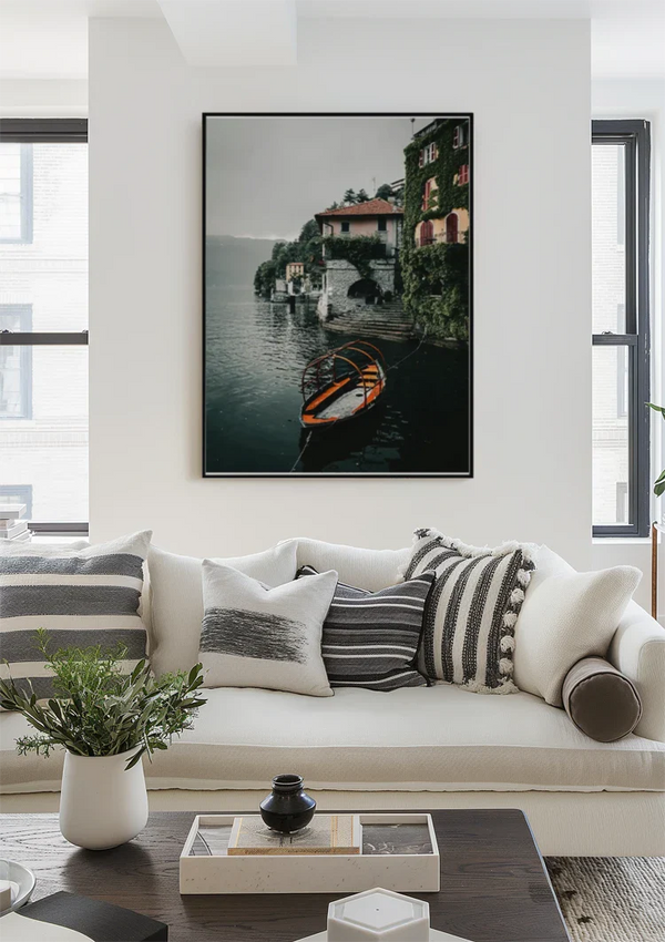 Orange Rowboat Lake Como Italian Villa Ivy Cloudy Sky Painting