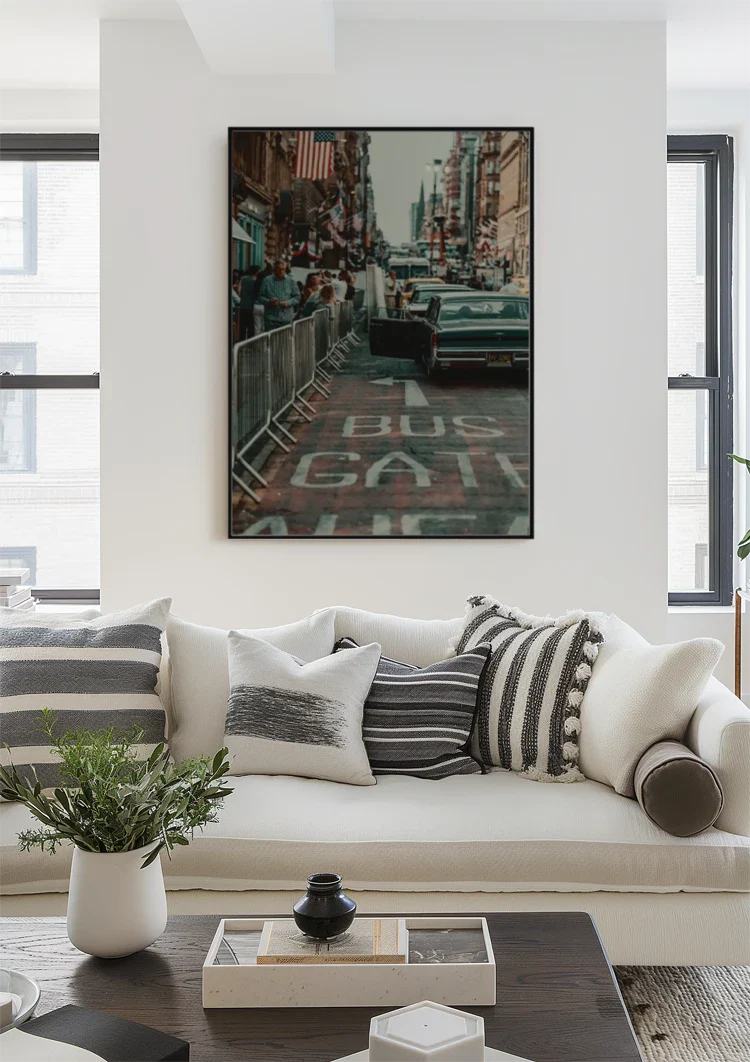 Retro American Street Vintage Car Flag Busy City Nostalgic Painting