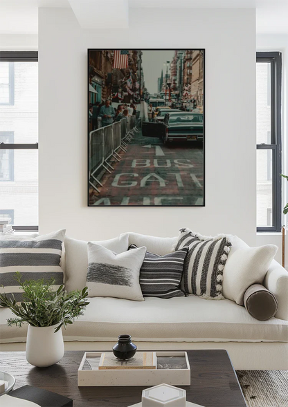 Retro American Street Vintage Car Flag Busy City Nostalgic Painting
