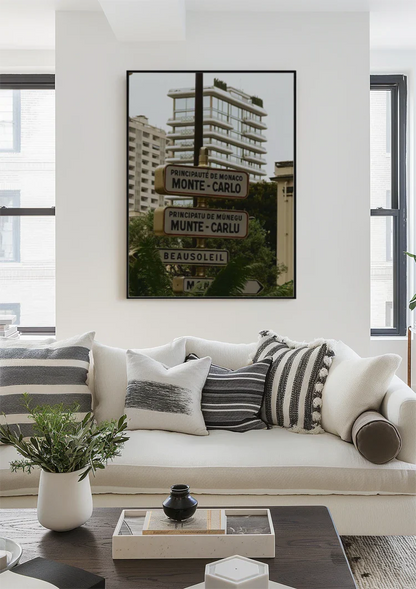 Monte Carlo Monaco Straatnaamborden Palmbomen Kustgebouwen Schilderij