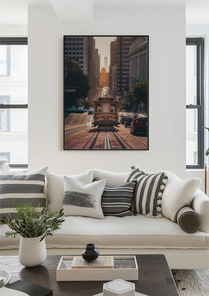 Kabeltram San Francisco Steil Straatcanyon Gouden Avondlicht Stadsgezicht Schilderij