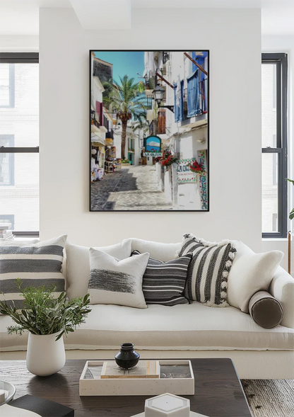Mediterranean Alley White Facades Blue Shutters Palm Tree Sunny Painting