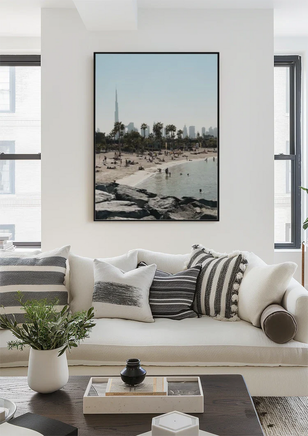 Dubai Beach Skyline Burj Khalifa Palm Trees People Waterfront Painting