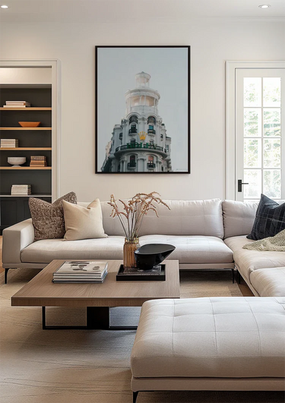 White Ornamental Building Cylindrical Tower Green Balconies Gran Via Madrid Architecture Painting