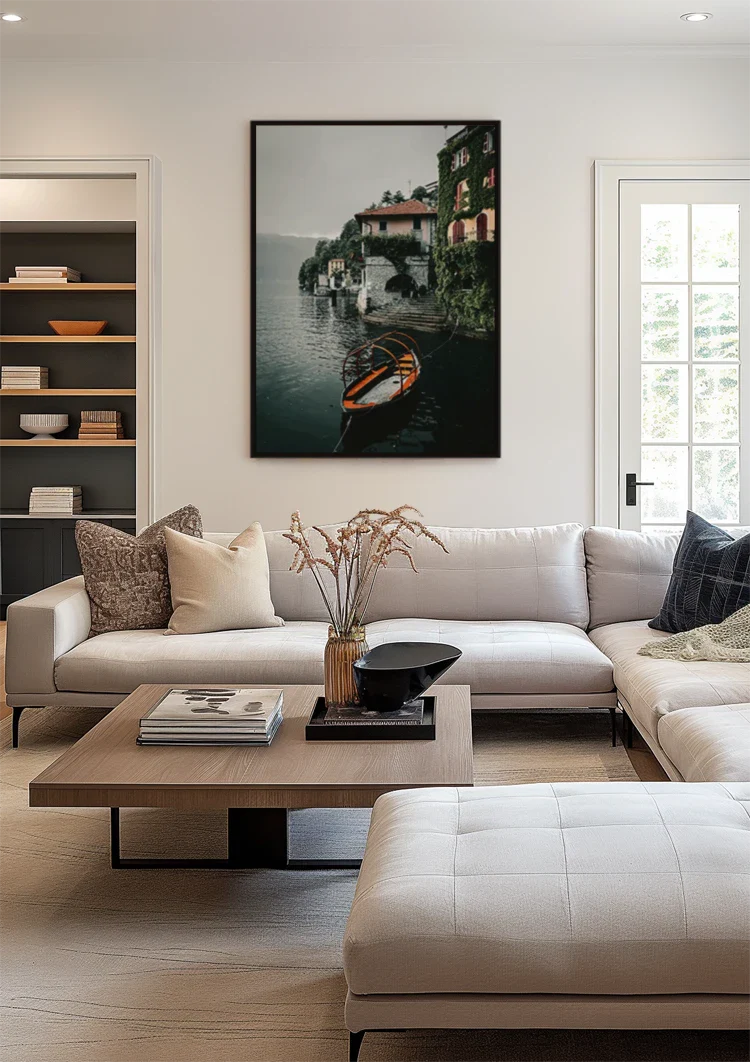Orange Rowboat Lake Como Italian Villa Ivy Cloudy Sky Painting