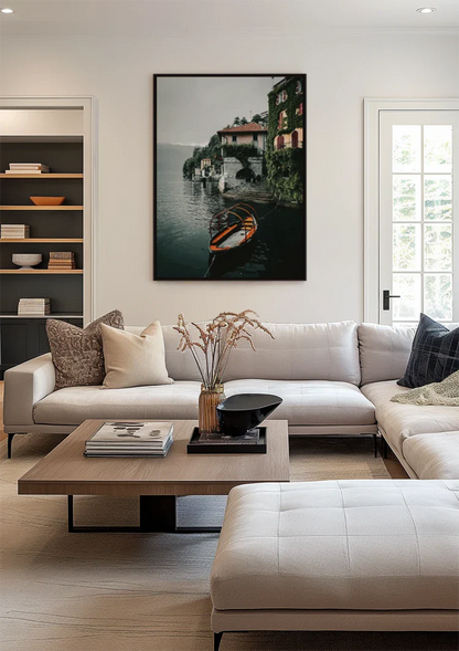 Orange Rowboat Lake Como Italian Villa Ivy Cloudy Sky Painting