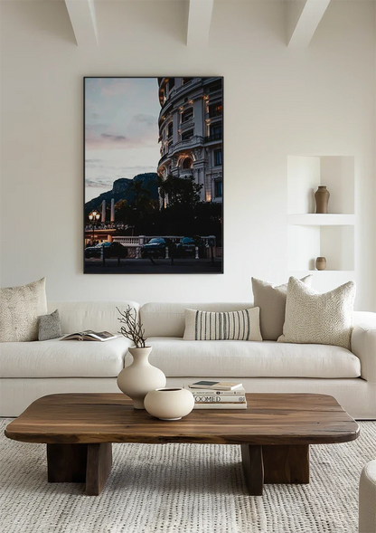 Hotel de Paris Monaco Schemering Verlichte Gevel Palmbomen Elegante Architectuur Schilderij