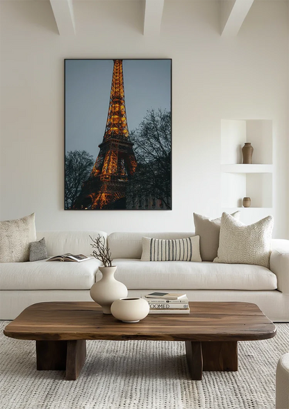 Illuminated Eiffel Tower Paris Golden Lights Blue Evening Sky Bare Trees Painting