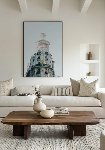 White Ornamental Building Cylindrical Tower Green Balconies Gran Via Madrid Architecture Painting