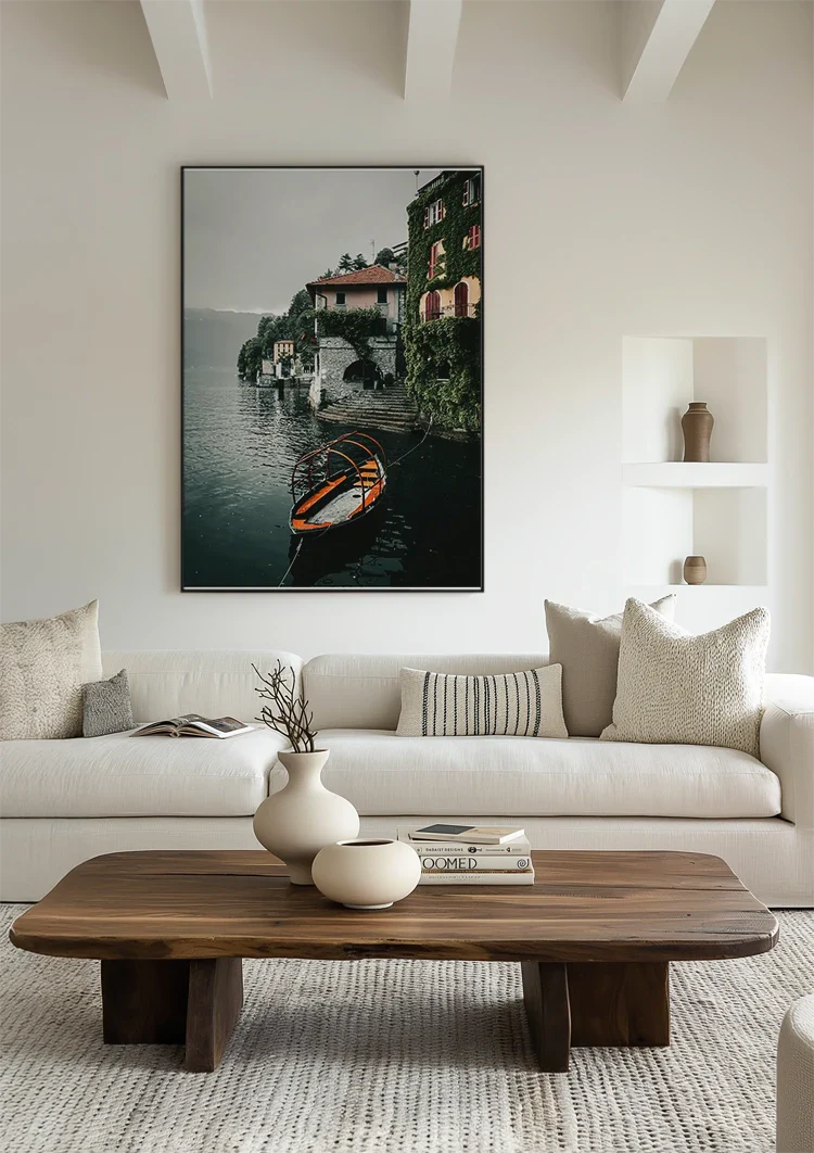 Orange Rowboat Lake Como Italian Villa Ivy Cloudy Sky Painting