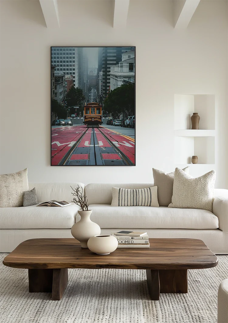 Gele Kabeltram San Francisco Mistige Straat Stadsgezicht Sfeervolle Fotografie Schilderij