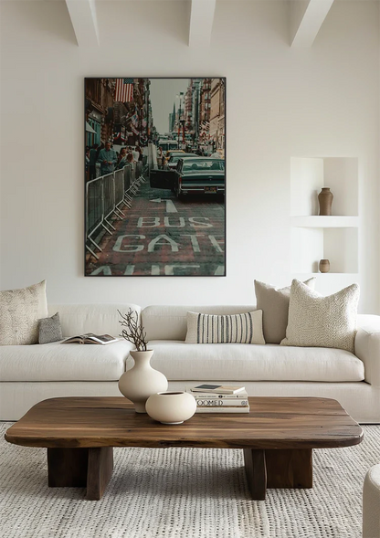 Retro American Street Vintage Car Flag Busy City Nostalgic Painting