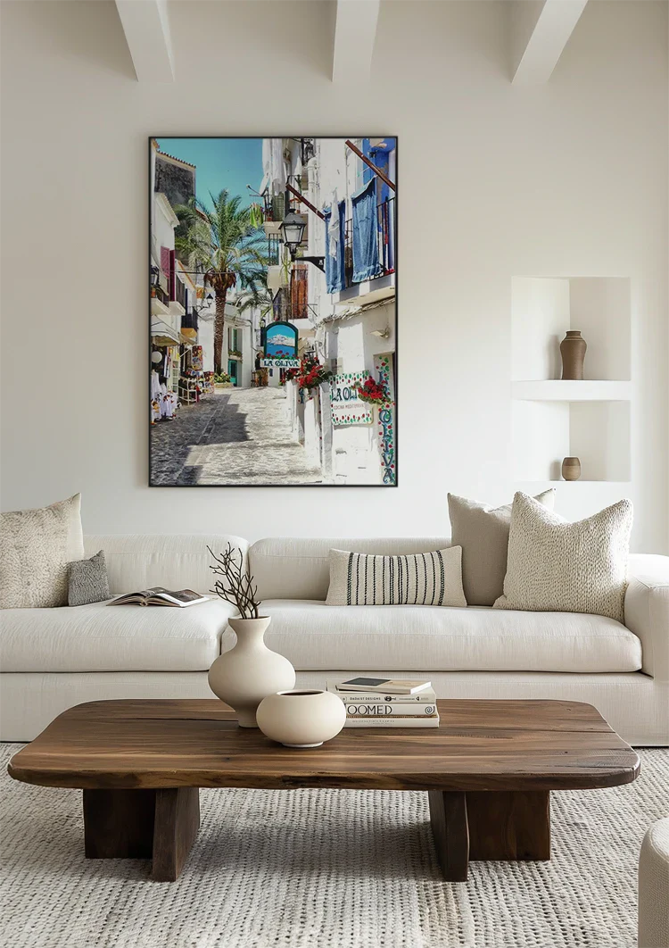 Mediterranean Alley White Facades Blue Shutters Palm Tree Sunny Painting