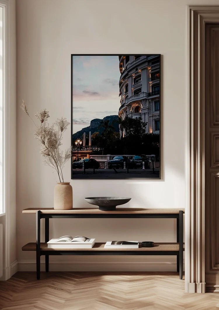 Hotel de Paris Monaco Schemering Verlichte Gevel Palmbomen Elegante Architectuur Schilderij