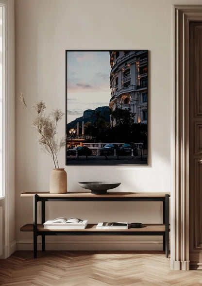 Hotel de Paris Monaco Schemering Verlichte Gevel Palmbomen Elegante Architectuur Schilderij