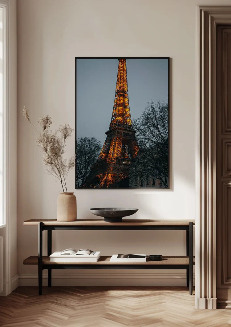 Illuminated Eiffel Tower Paris Golden Lights Blue Evening Sky Bare Trees Painting