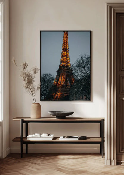 Illuminated Eiffel Tower Paris Golden Lights Blue Evening Sky Bare Trees Painting