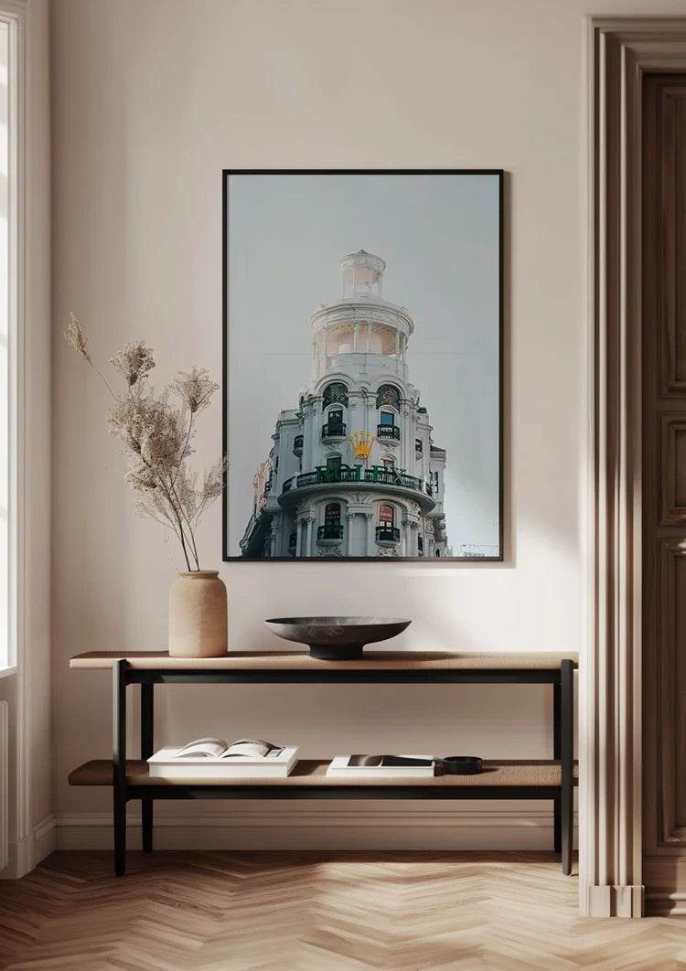 White Ornamental Building Cylindrical Tower Green Balconies Gran Via Madrid Architecture Painting