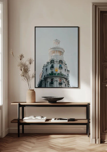 White Ornamental Building Cylindrical Tower Green Balconies Gran Via Madrid Architecture Painting