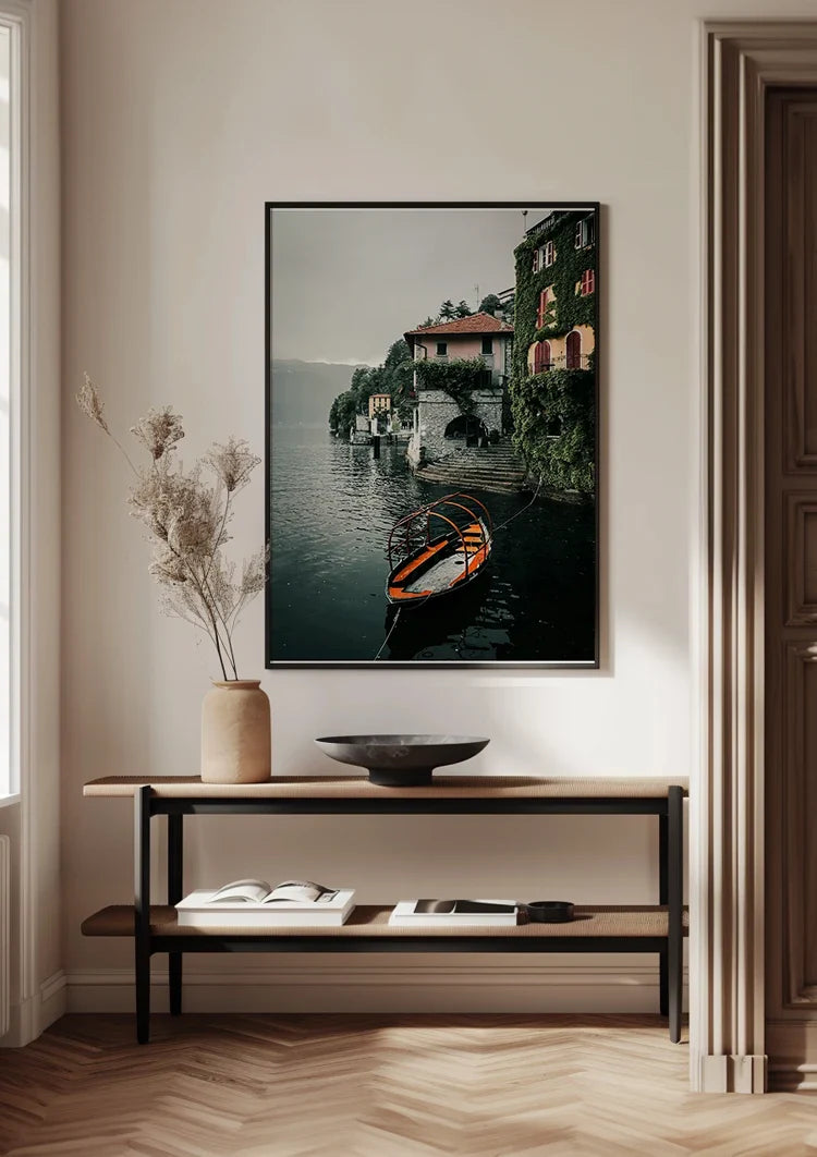Orange Rowboat Lake Como Italian Villa Ivy Cloudy Sky Painting
