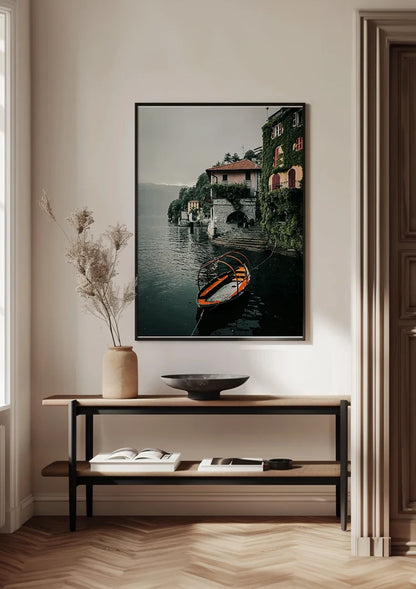 Orange Rowboat Lake Como Italian Villa Ivy Cloudy Sky Painting
