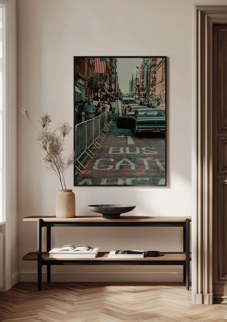 Retro American Street Vintage Car Flag Busy City Nostalgic Painting