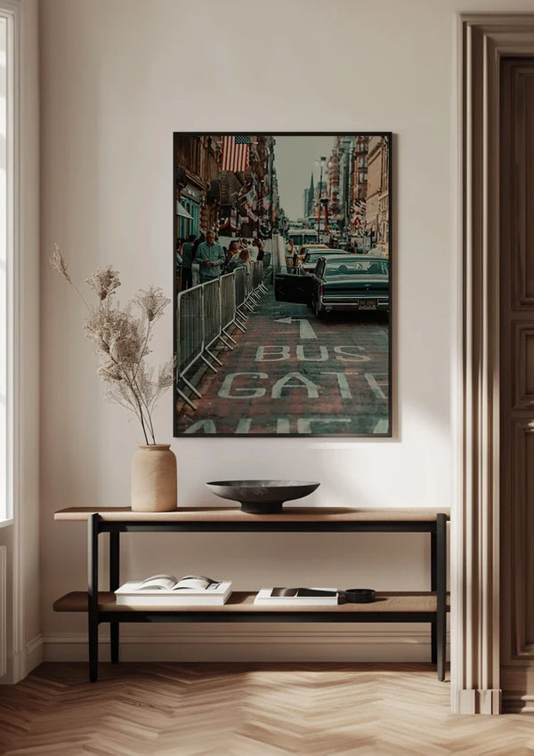Retro American Street Vintage Car Flag Busy City Nostalgic Painting