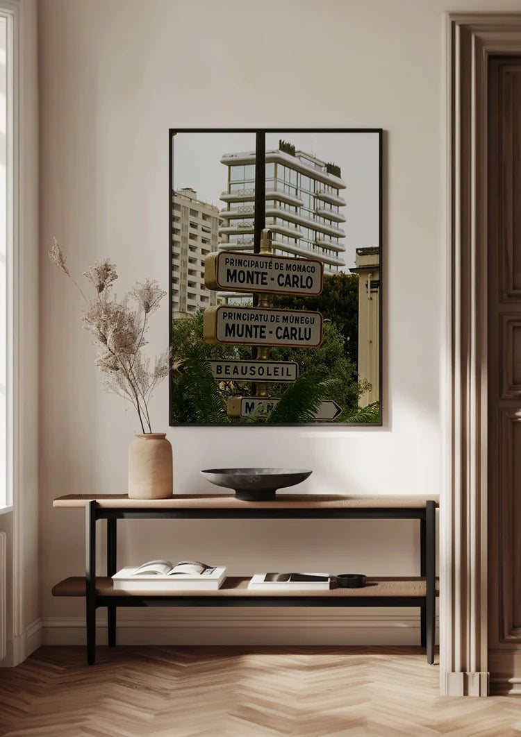 Monte Carlo Monaco Straatnaamborden Palmbomen Kustgebouwen Schilderij